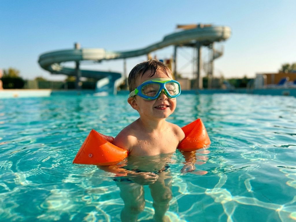 Kind met zwembril en zwembandjes in aquapark zwembad met glijbaan op zonnige dag