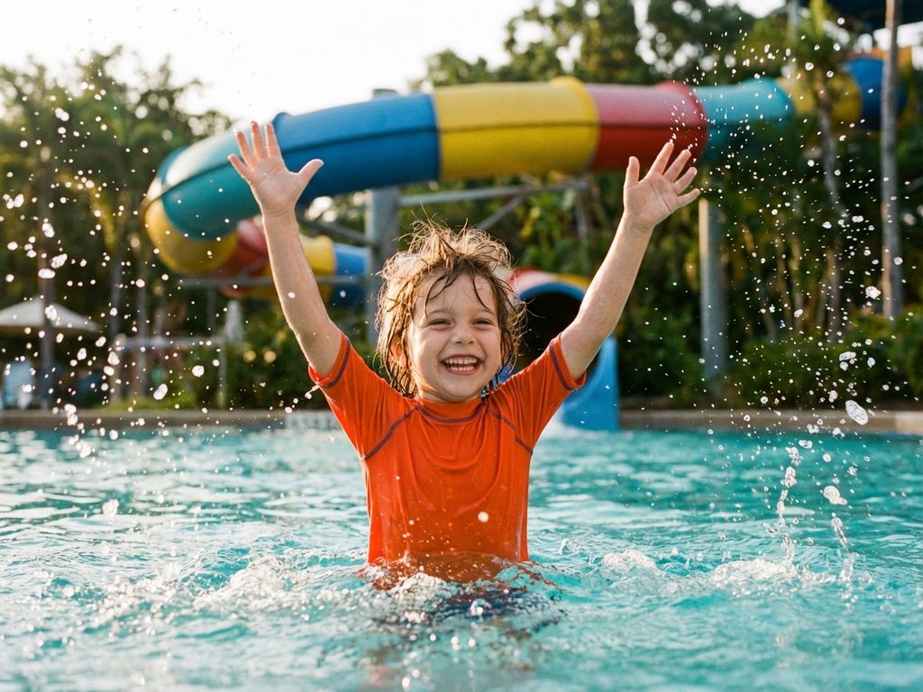 Vrolijk kind springt in aquapark zwembad met opgeheven armen, waterdruppels en glijbaan op achtergrond