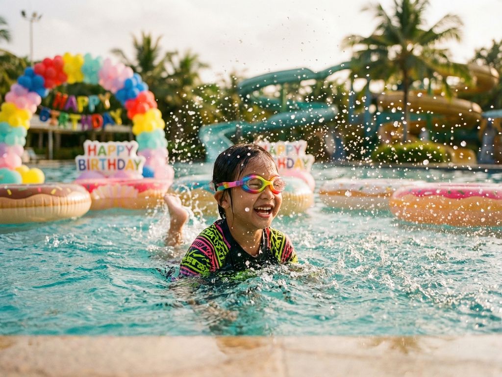 Kind met zwembril speelt vrolijk in helder zwembad met opblaasbaar speelgoed en verjaardagsversieringen bij waterpark