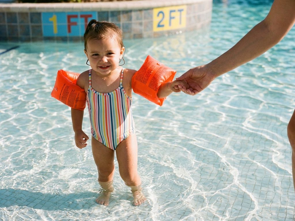 Kind met oranje zwembandjes staat in ondiep water van zwembad, hand van ouder zichtbaar, veilige zwemomgeving