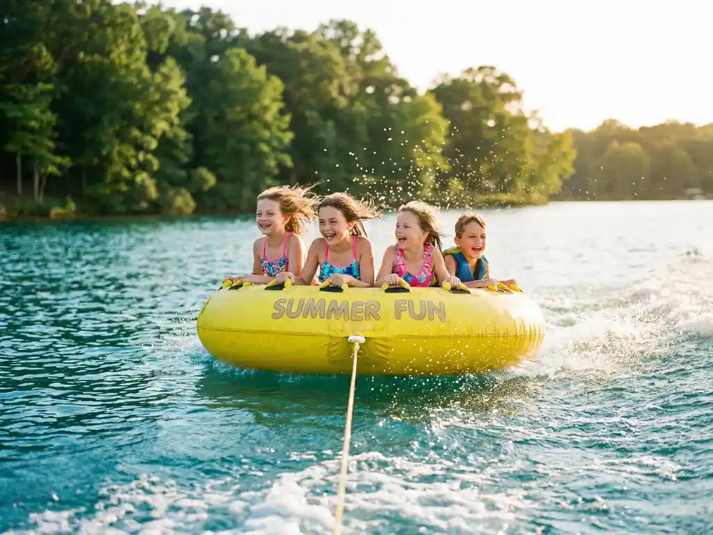 Lachende kinderen op gele opblaasbare tube die over sprankelend blauw meerwater wordt getrokken met spatten in zonnig licht