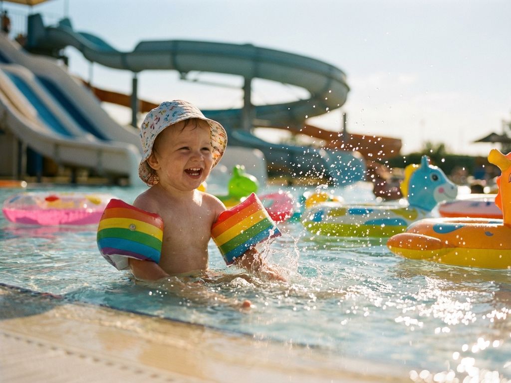 Peuter met zwembandjes en zonnehoed speelt vrolijk in helder kinderbadje van waterpark op zonnige dag