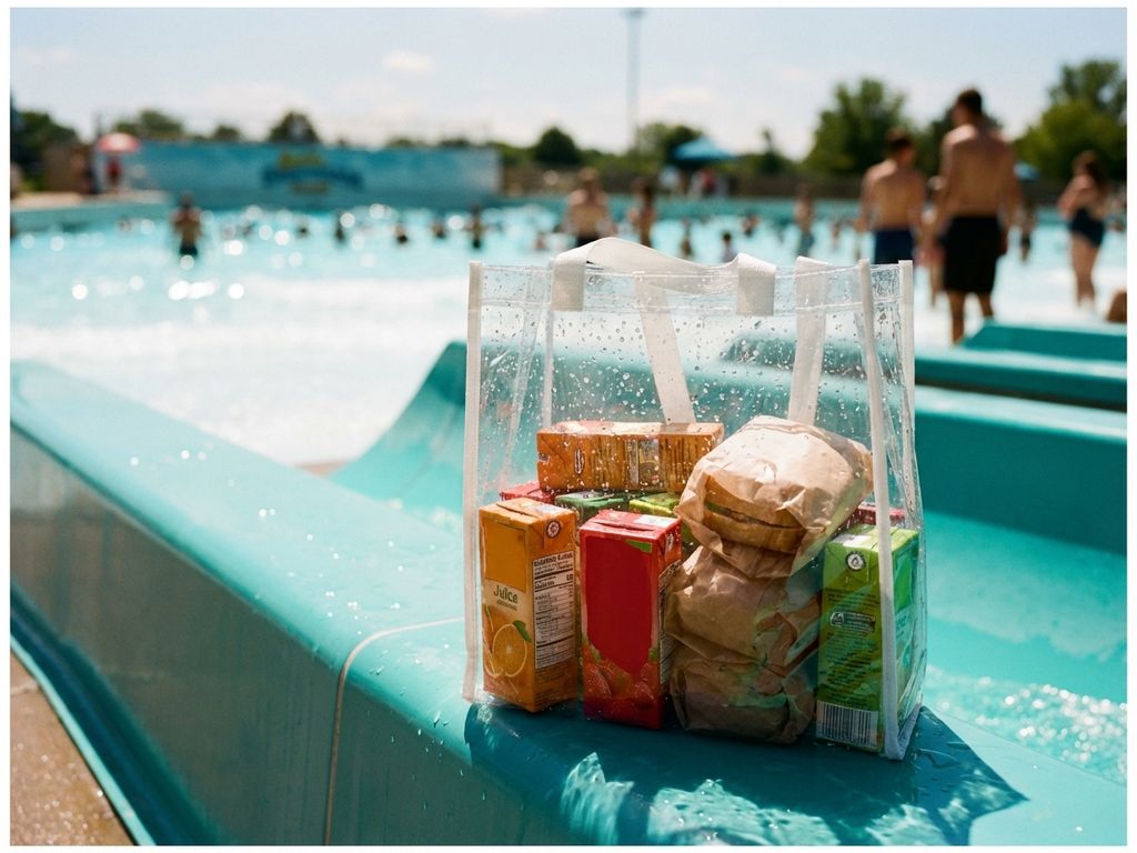 Koeltas met sapjes en broodjes op rand van aquapark glijbaan met zwembad op achtergrond in zomers zonlicht