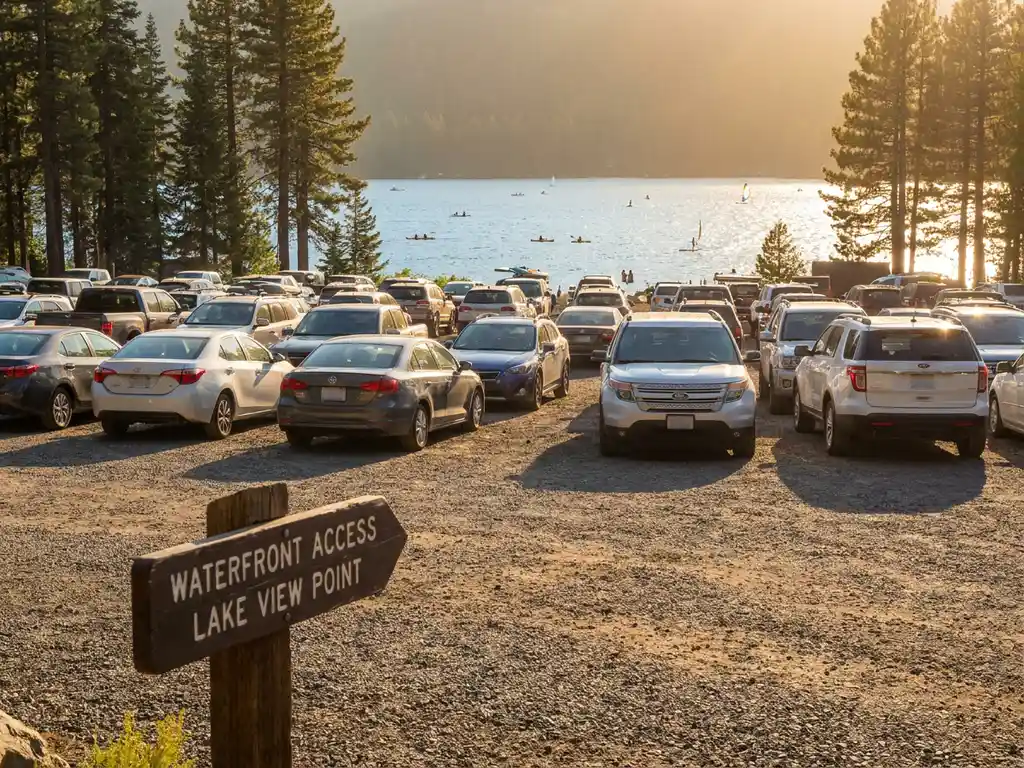 Gravelparkeerplek met auto's bij een meer omringd door dennenbomen, watersportuitrusting zichtbaar op het water
