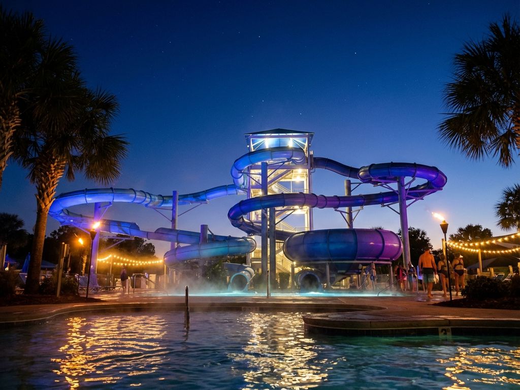 Verlicht aquapark met gloeiende glijbanen in blauw en paars tegen een schemerende avondlucht met palmbomen