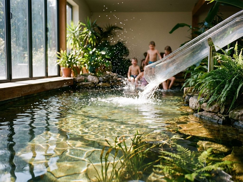 Kinderen spelen in helder natuurlijk zwembad met waterglijbaan en zichtbare plantjes op de bodem
