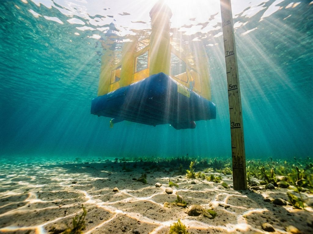 Onderwaterzicht van kleurrijk opblaasbaar waterpark drijvend op helder meer met zonnestralen door water---**Metadata:**- Taal: Nederlands- Lengte: 115 tekens- Hoofdonderwerp: Opblaasbaar waterpark vanuit onderwaterperspectief- Keywords: onderwater, waterpark, meer, zonnestralen