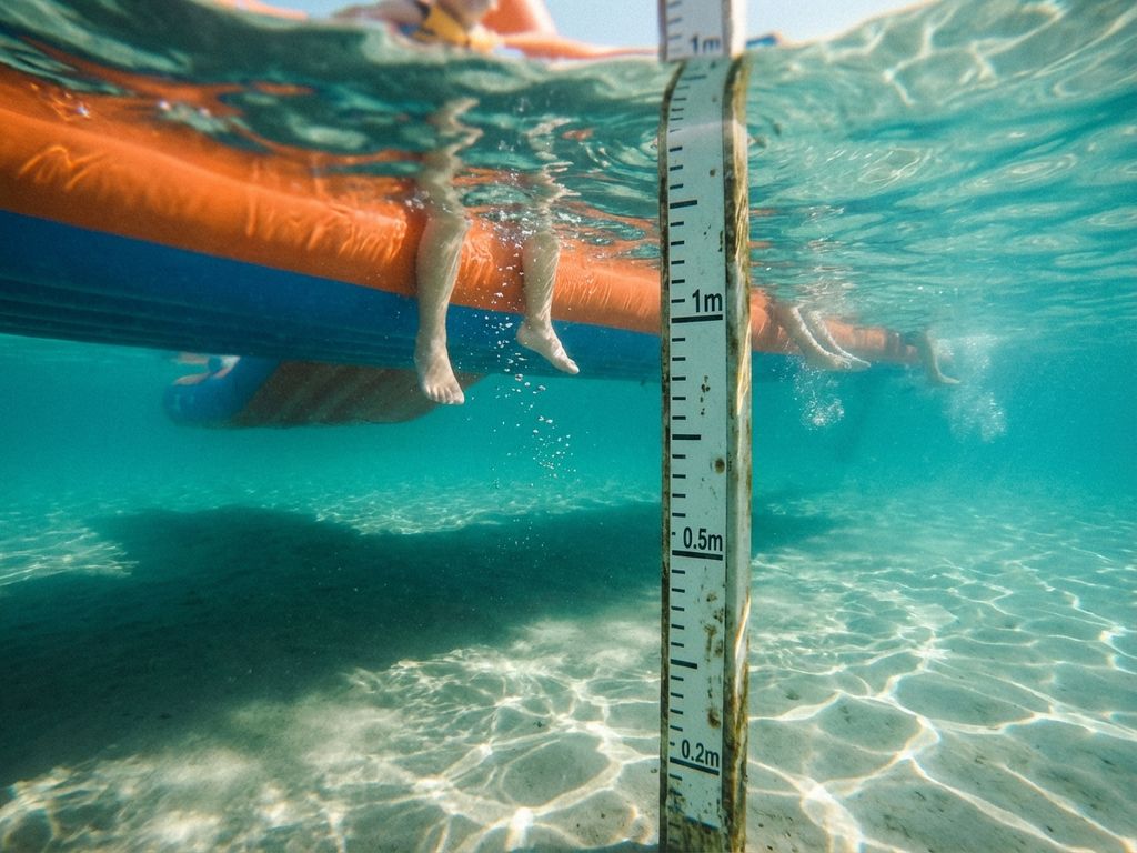 Dieptemeeter paal in helder turquoise water onder oranje en blauwe opblaasbare waterparkobstakels met zonnestralen