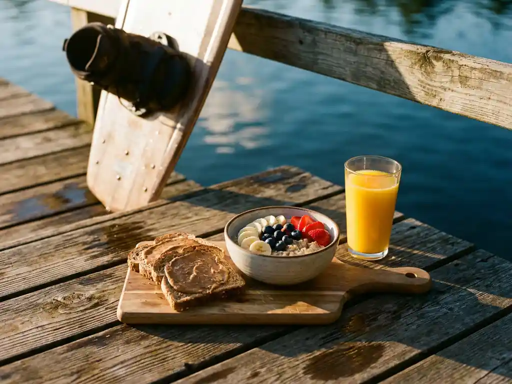 Gezond ontbijt met havermout, fruit en toast op houten steiger bij meer, wakeboard op achtergrond tijdens gouden uur