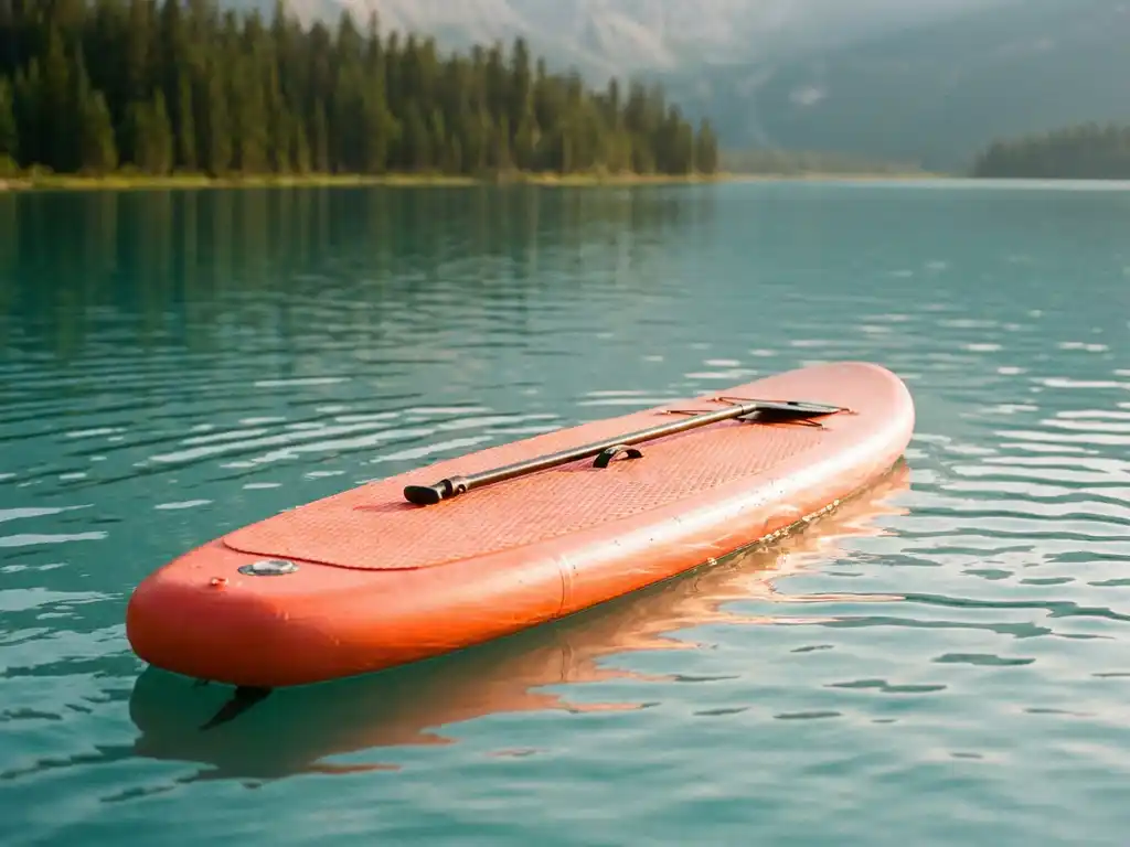 Opblaasbare stand-up paddleboard in koraaloranje op kalm turquoise meerwater met zwarte peddel