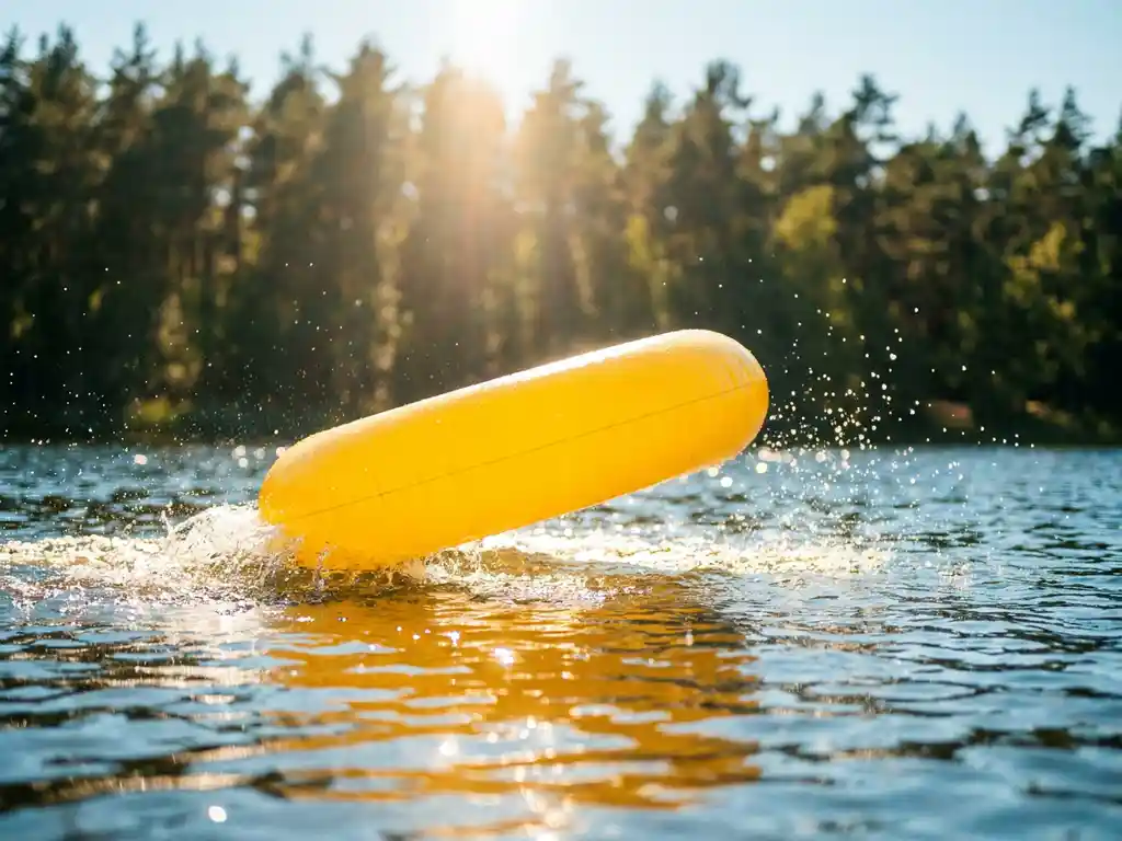 Gele opblaasbare band stuitert over sprankelend meerwateroppervlak met bos op de achtergrond in zomerlicht