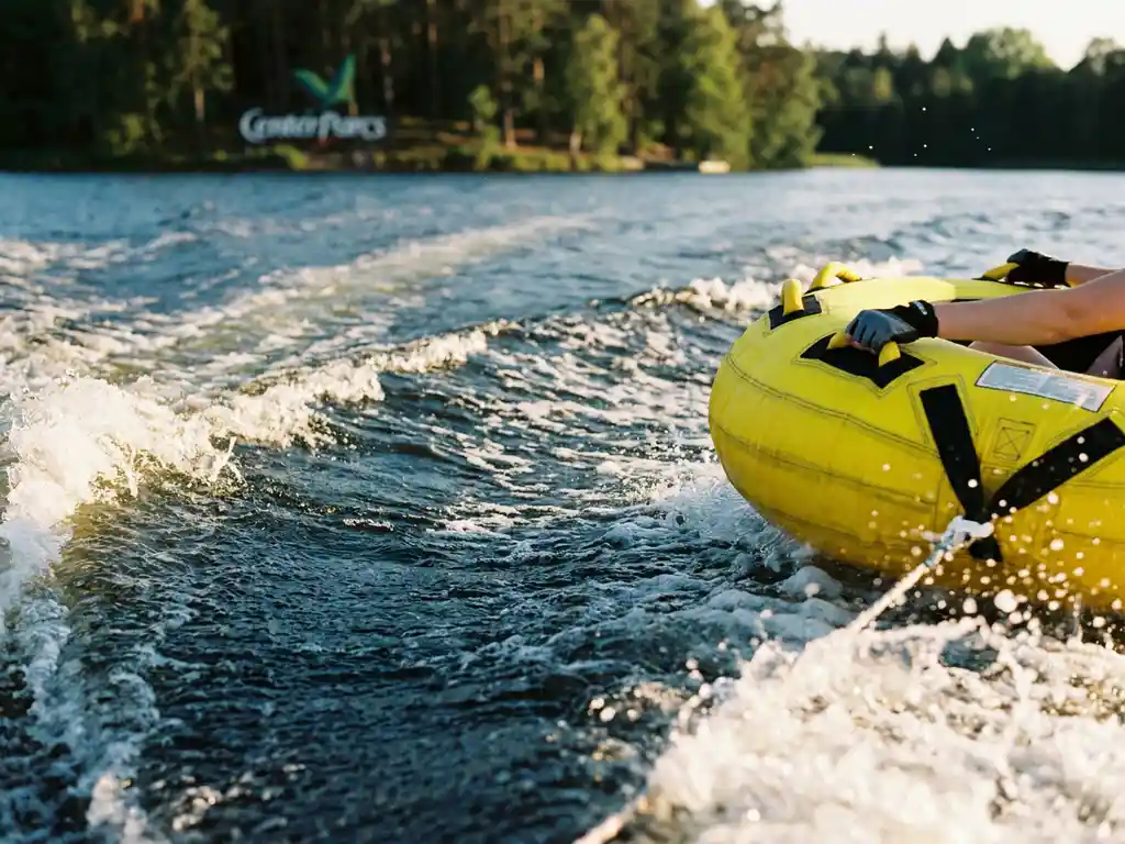 Gele opblaasbare sleepband schiet over het sprankelende watermeer, met witte schuimspray en bosachtige Center Parcs oever op de achtergrond
