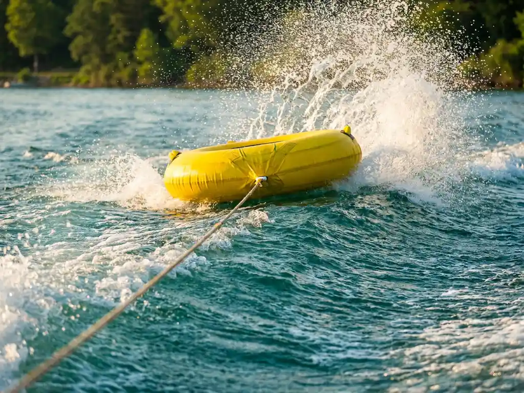 Gele opblaasbare tube schiet over turquoise water met spectaculaire waterfonteinen bij zonsondergang