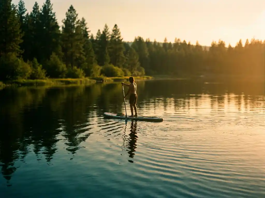 Stand-up paddleboarder op kalm meer tijdens gouden uur met dennenbomen op achtergrond