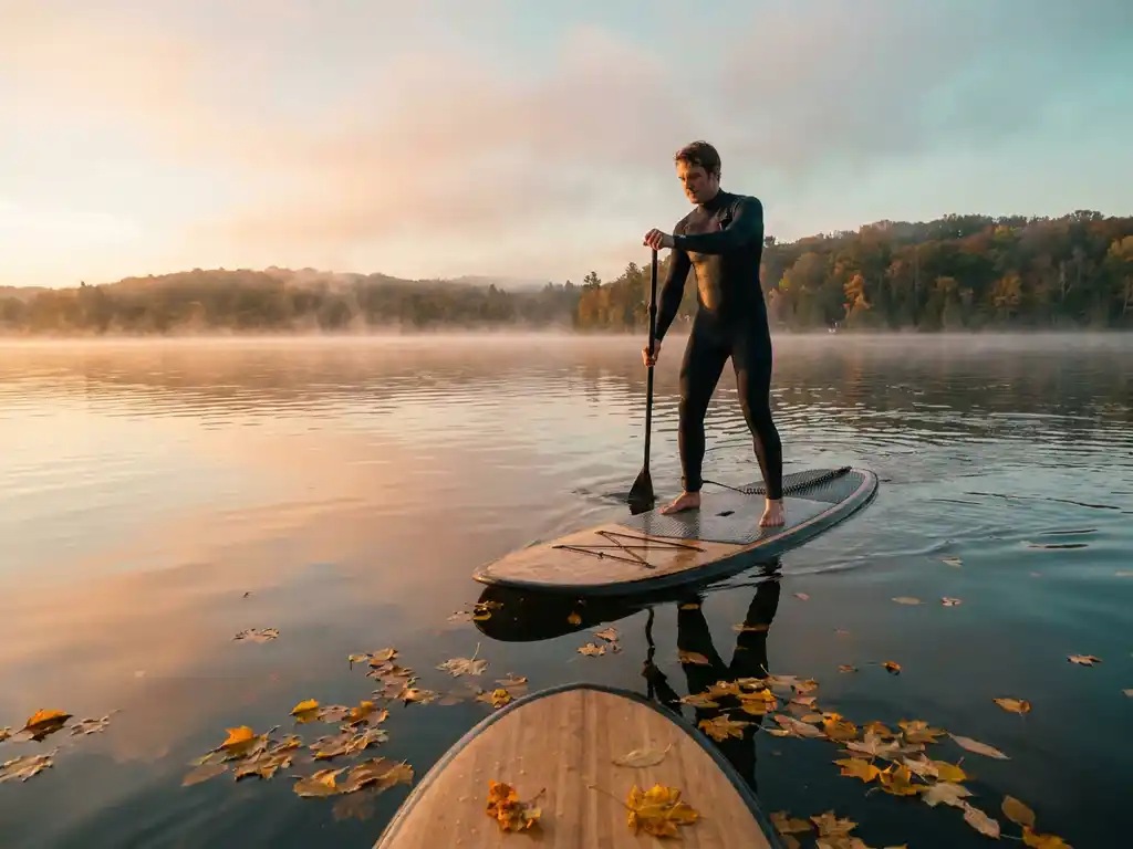 Paddleboarder op spiegelglad water met drijvende herfstbladeren en mistige ochtendnevel langs de oever