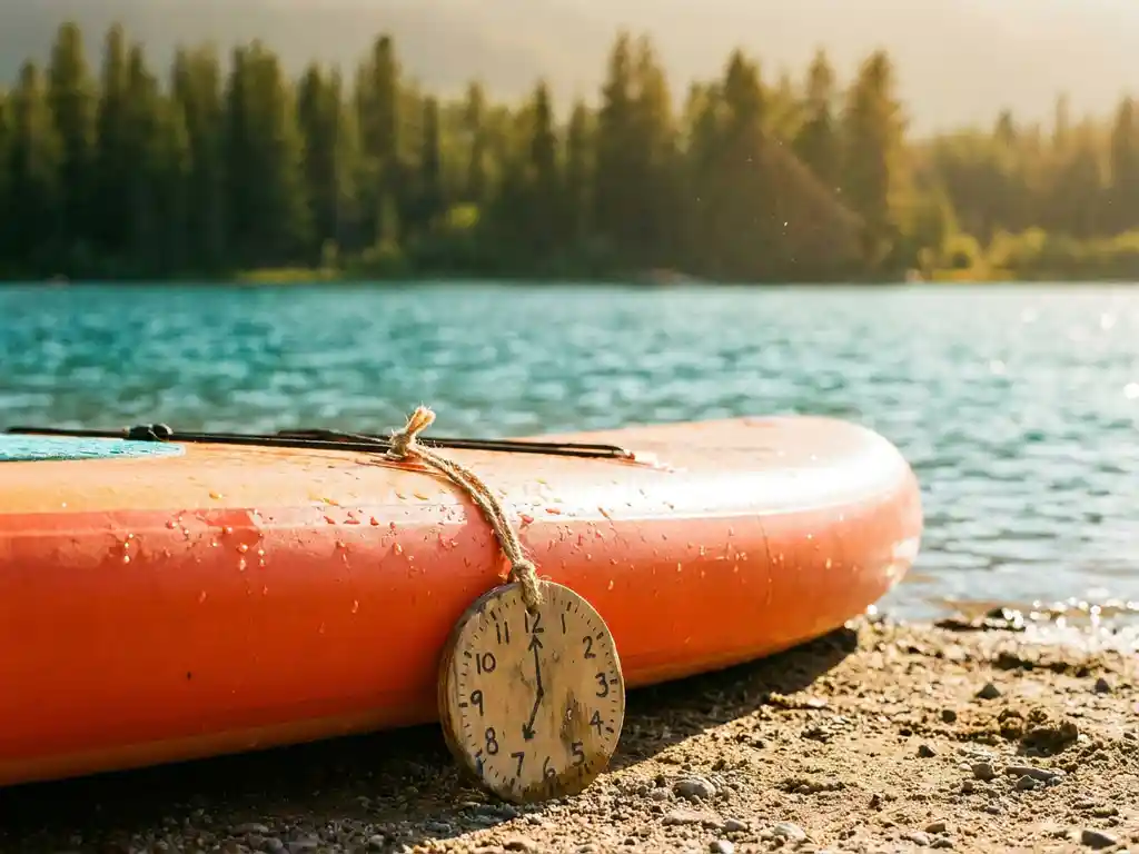 Verweerd houten prijskaartje met klok op oranje paddleboard aan meer met waterdruppels in gouden zonlicht