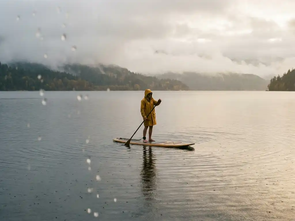 Paddleboarder in gele regenjas vaart over kalm meer tijdens zachte regen met mistige oever op achtergrond