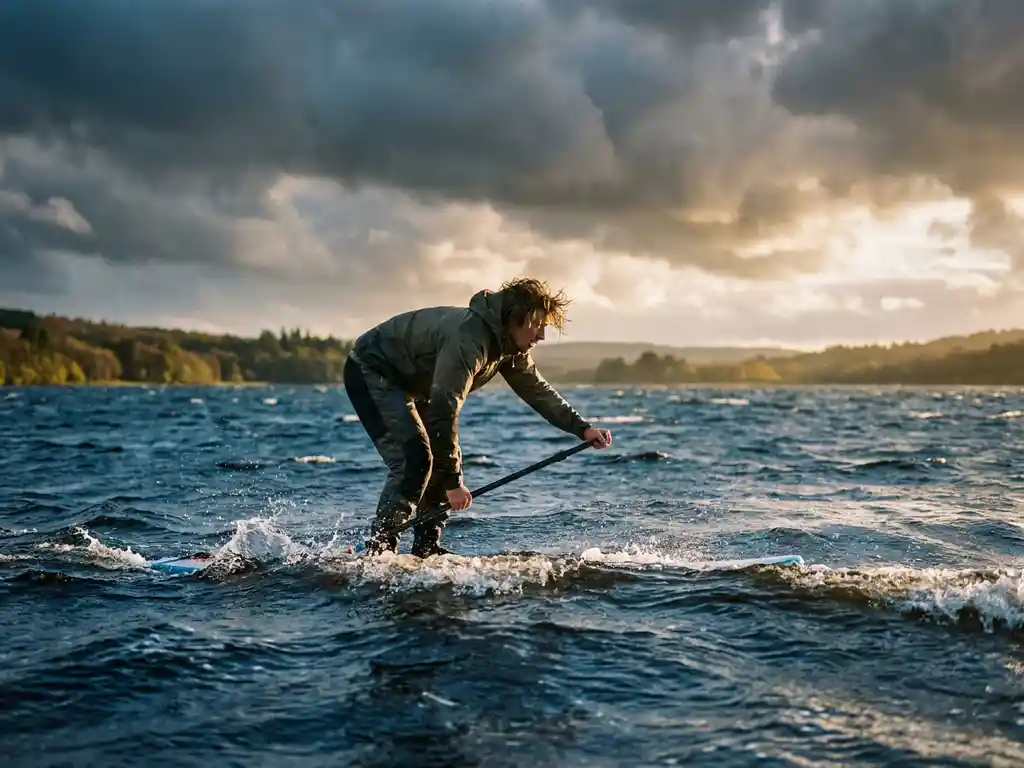Standup paddleboarder leunt voorover tegen sterke wind op golvend meer met dramatische wolkenlucht en zonnestralen