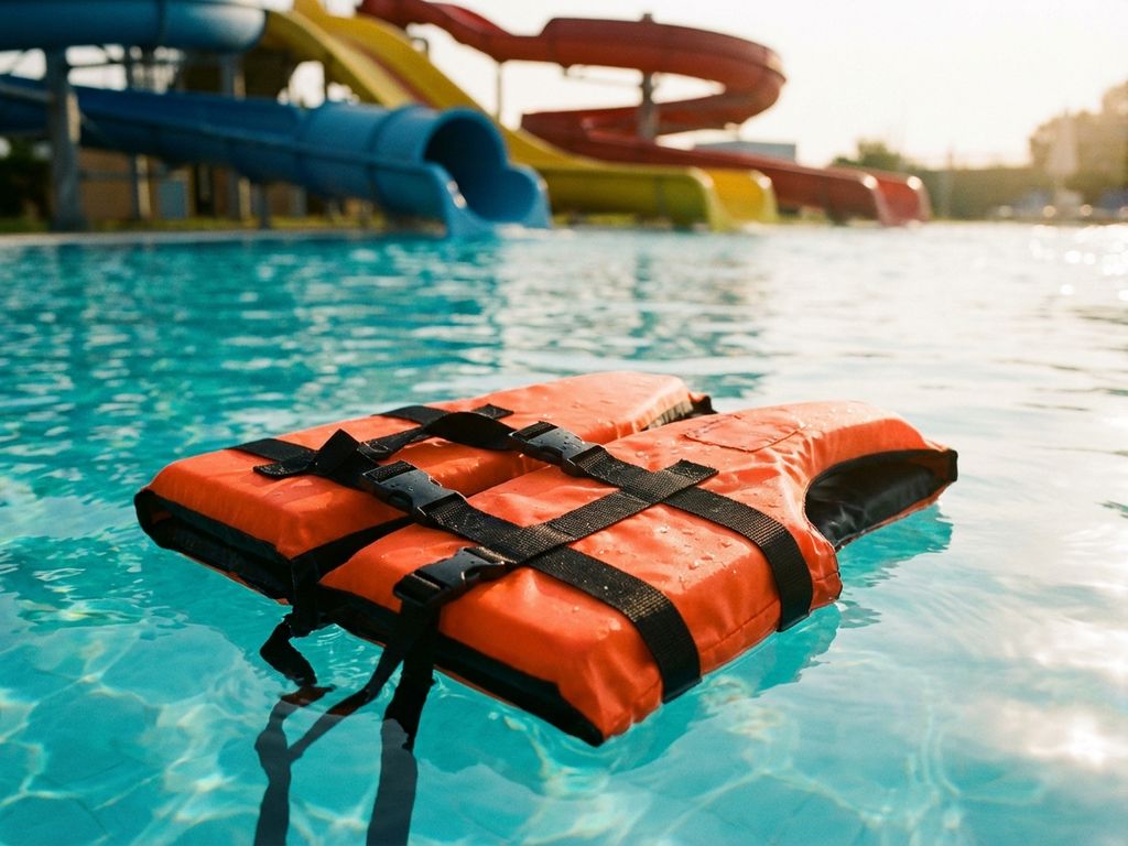 Oranje zwemvest drijvend op helder turquoise water van aquapark met glijbanen op de achtergrond in zomers zonlicht