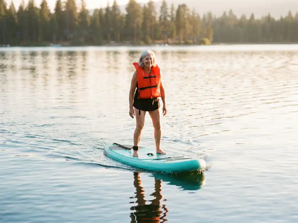 Vrouw van zestig balanceert op turquoise paddleboard op kalm meer, gekleed in oranje zwemvest bij zonsondergang