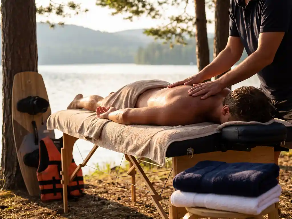 Sporter ontvangt schoudermassage aan meer na waterskiën, wakeboard en zwemvest naast massagetafel