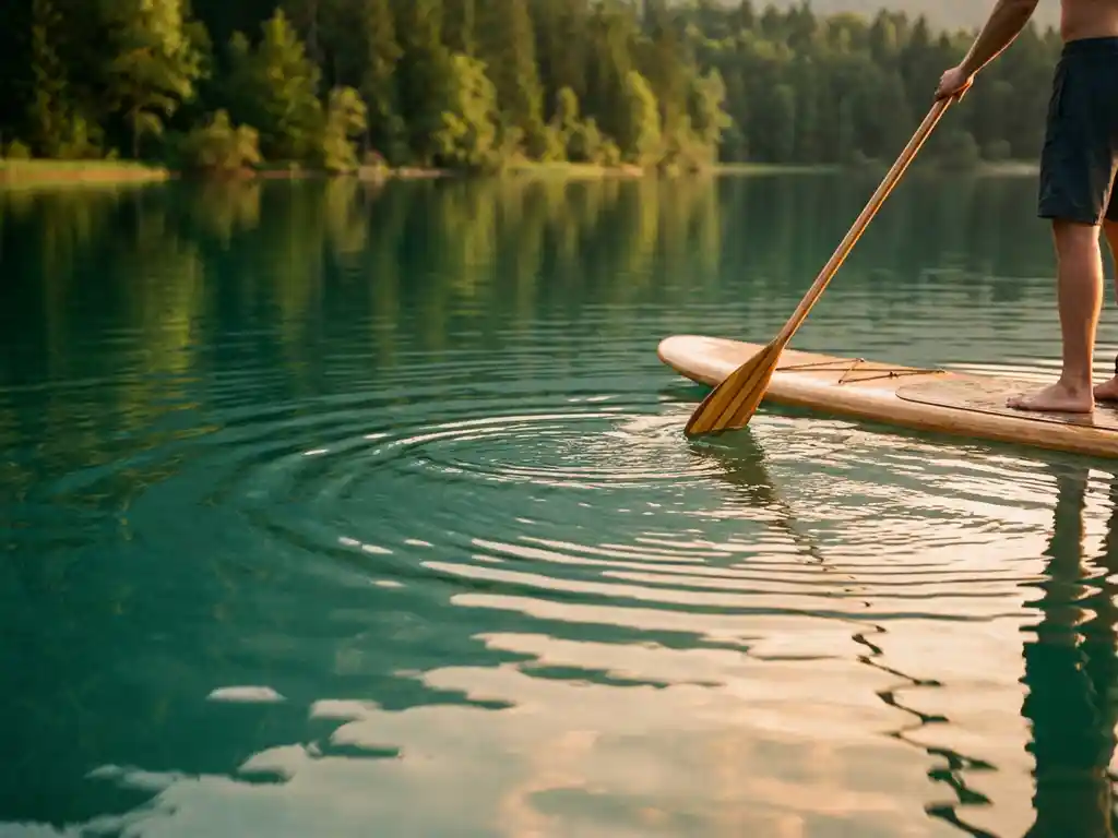 Paddleboarder op kalm turquoise meer bij gouden uur met beboste oever op de achtergrond