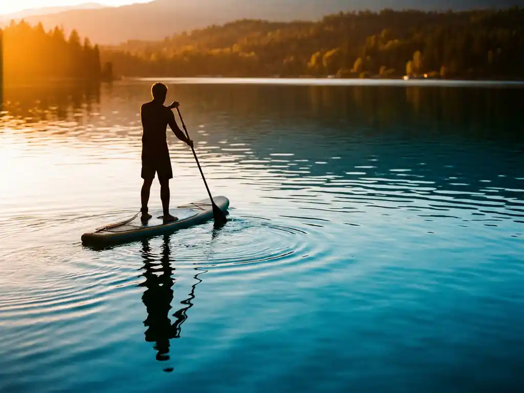 Stand-up paddleboarder op kalm turquoise meer tijdens gouden uur, met weerspiegelde bomen en warme zonsondergang