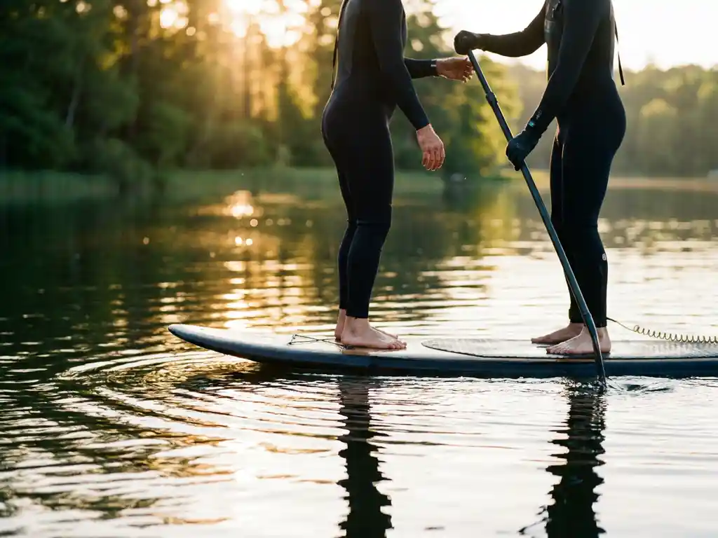 Paddleboarder in zwart wetsuit glijdt over kalm meer bij zonsondergang met gouden lichtreflecties op het water