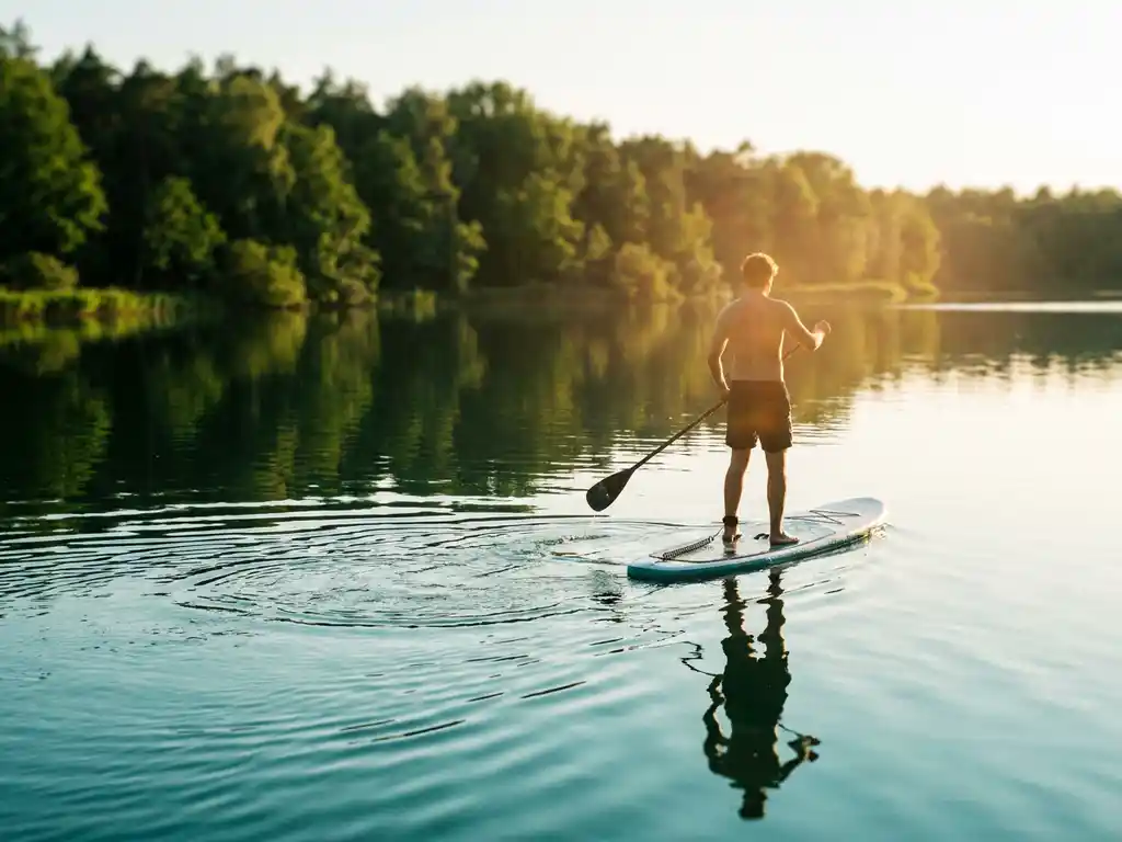 Stand-up paddleboarder op kalm turquoise water van de Vossemeren in Lommel met weerspiegeling van Belgisch bos