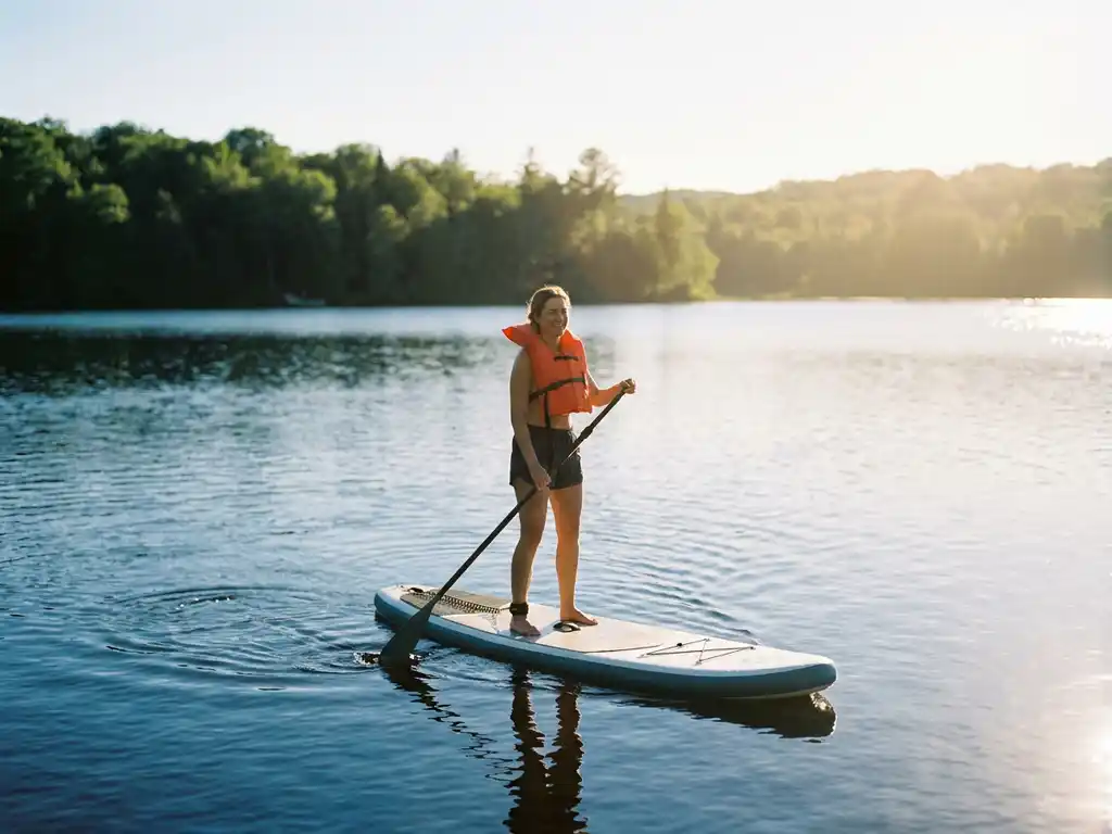 Paddleboarder in oranje zwemvest glijdt over kalm blauw meerwater met groene oever op de achtergrond