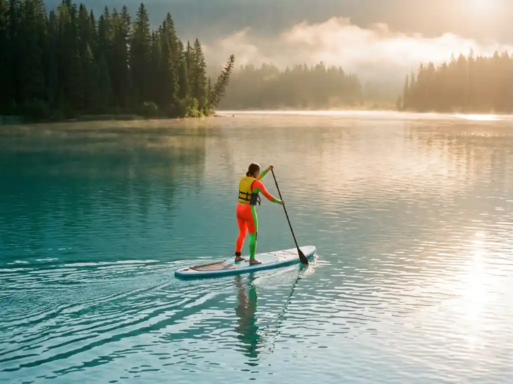 Paddleboarder in felgekleurde wetsuit glijdt over kalm turquoise meer bij zonsopgang met zachte nevel op achtergrond