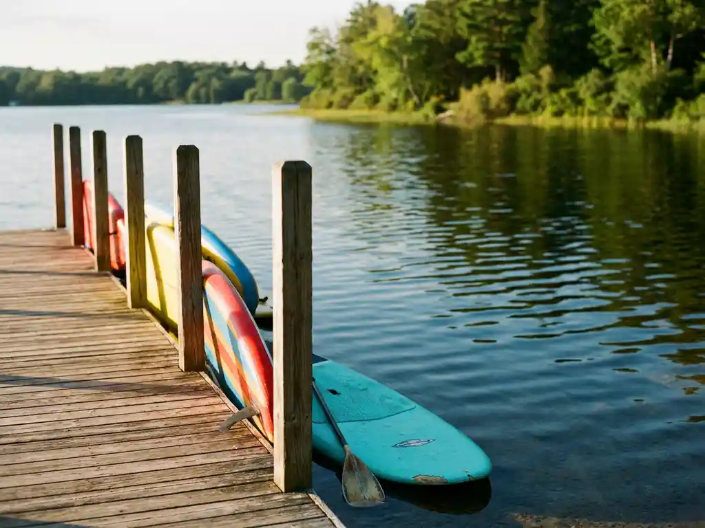 Houten steiger met kleurrijke stand-up paddleboards tegen palen, kalm blauw water en groene bomen op de achtergrond