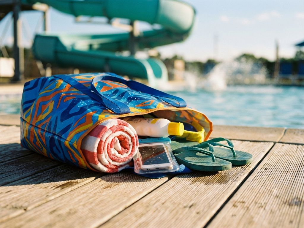 Open strandtas met handdoek, zonnebrand en slippers op houten terras bij zwembad met glijbaan op achtergrond