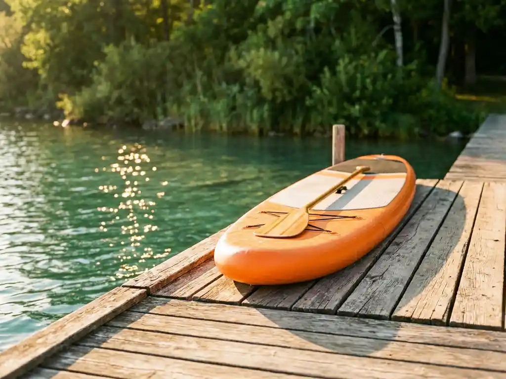 Oranje SUP-board met peddel op houten steiger aan helder meer, gouden zonlicht op water, groene bomen op achtergrond