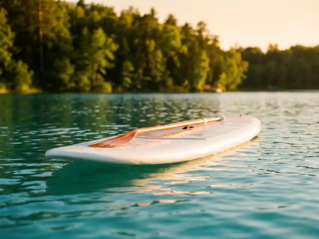 Wit stand-up paddleboard met oranje peddel drijvend op kalm kristalhelder meer, beboste oever op achtergrond