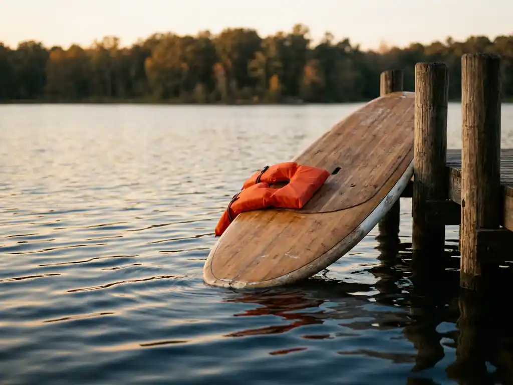 Paddleboard tegen verweerde steigerplanken met oranje zwemvest, kalm meerwater weerspiegelt gouden namiddagzon