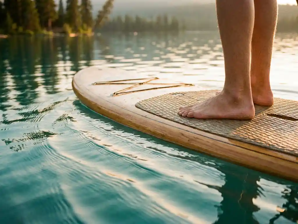 Blote voeten op stand-up paddleboard over kalm turquoise water tijdens gouden uur met zachte rimpelingen