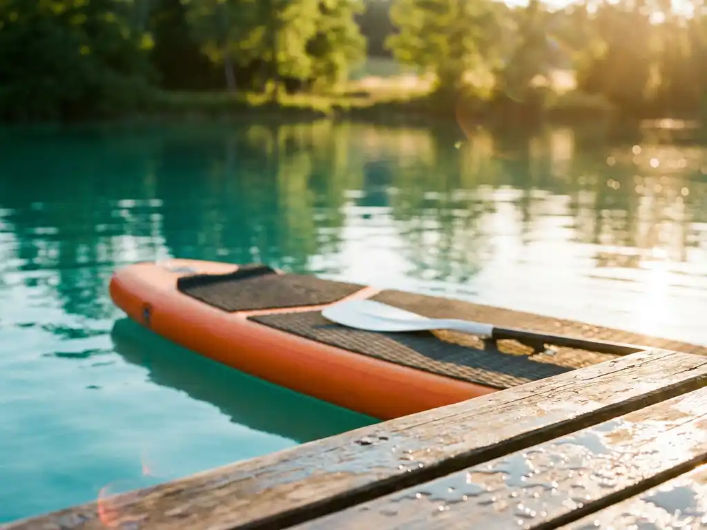 Oranje stand-up paddleboard op kalm turquoise water naast houten steiger met weerspiegeling van groene bomen