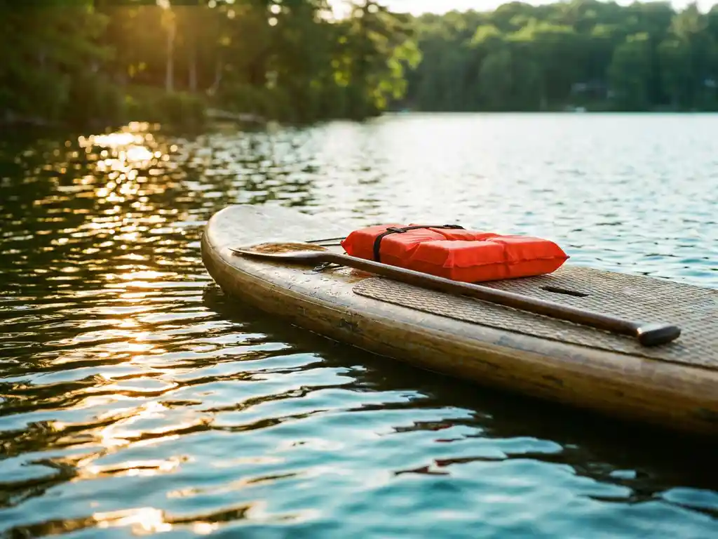 Paddleboard met oranje zwemvest en houten peddel op zonverlicht water met glinsterende reflecties