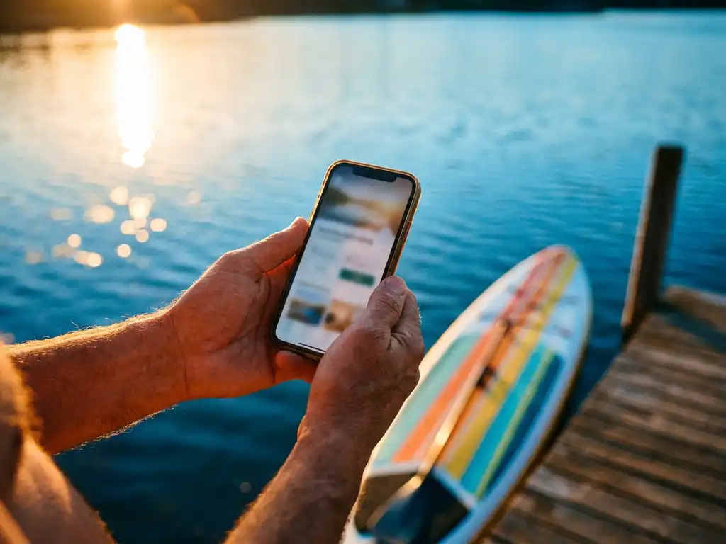 Handen met smartphone bij meer tijdens gouden uur, stand-up paddleboard op steiger, zomerse vakantiesfeer