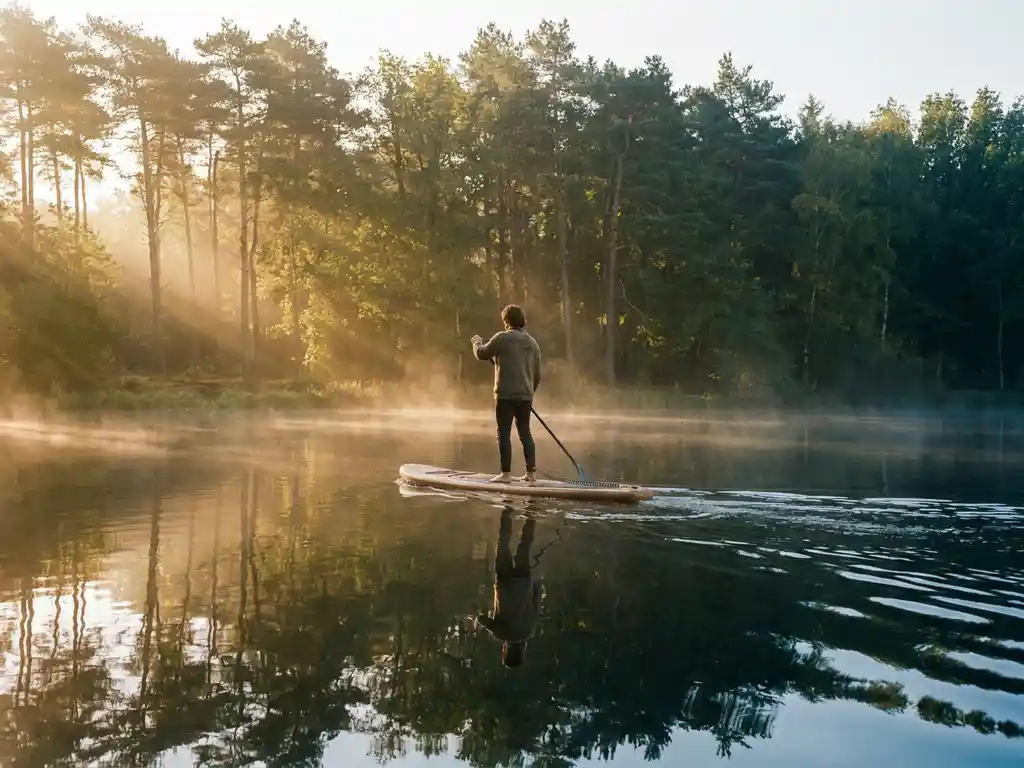 Stand-up paddleboarder op spiegelglad meer met ochtendnevel en dennenbossen in de Kempen bij zonsopgang