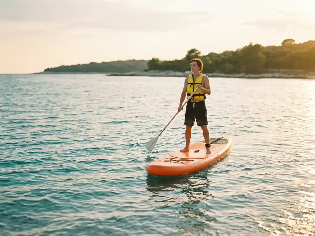 Persoon op oranje stand-up paddleboard in turquoise water met geel zwemvest en peddel, gouden zonlicht