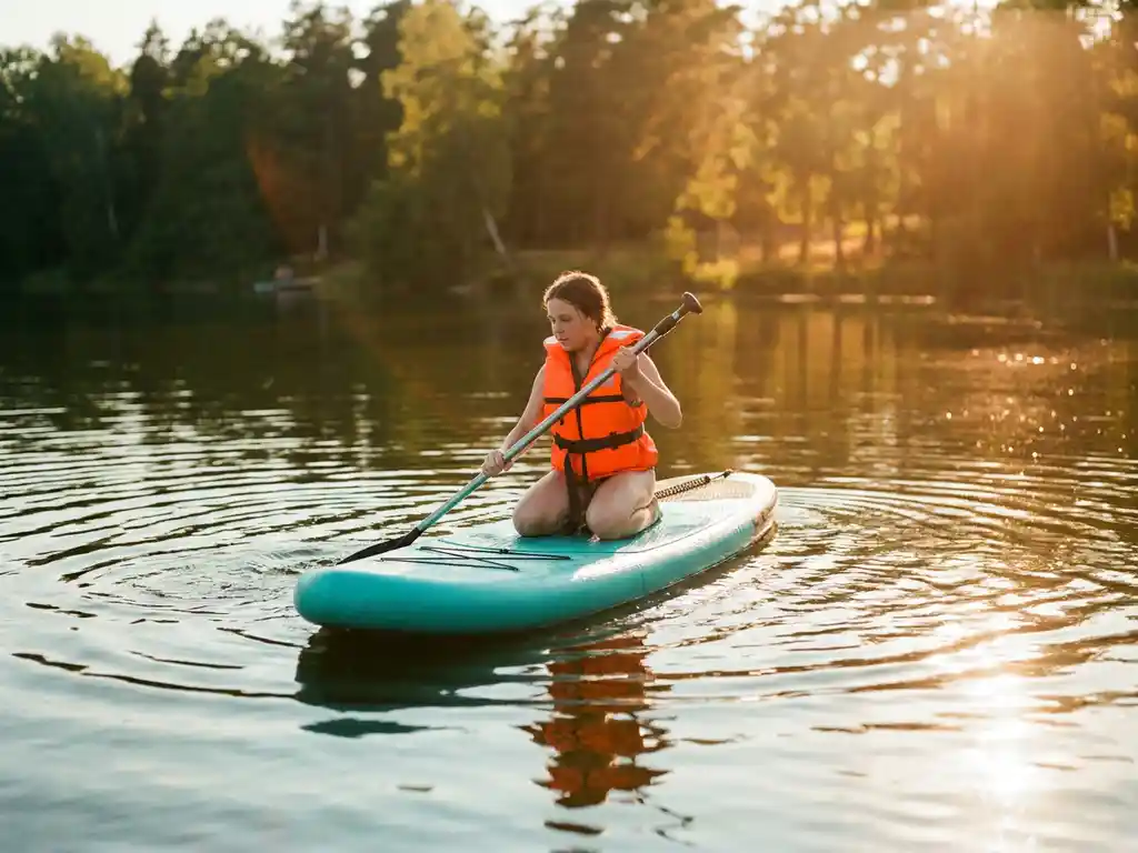 Paddleboarder in oranje zwemvest knielt op turquoise SUP in kalm meer met gouden zonlicht en groene oever