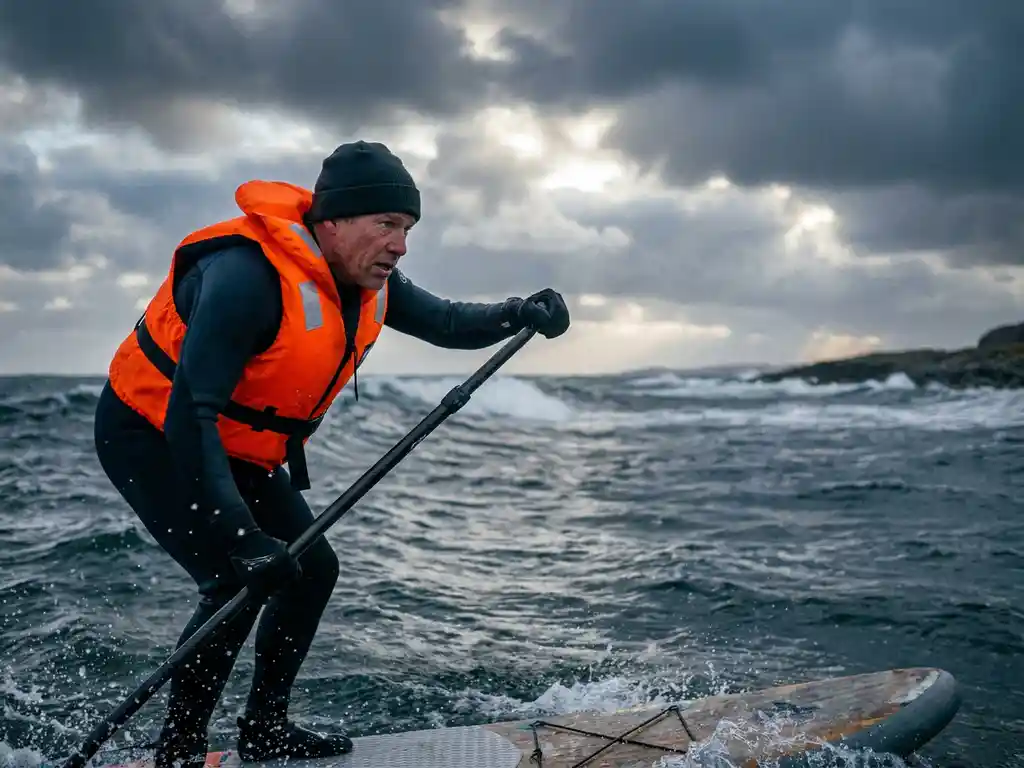 Paddleboarder in oranje reddingsvest strijdt tegen harde wind en onstuimige golven onder dreigende stormwolken