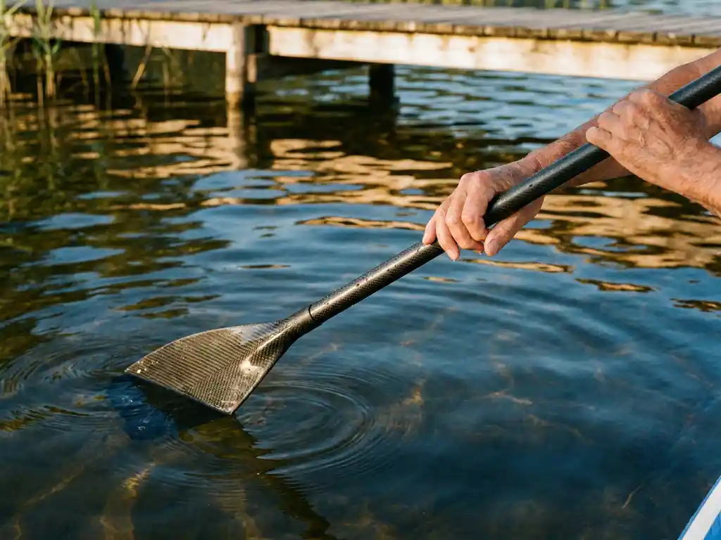 Verweerde handen grijpen carbon SUP-peddel in helder meerwater met gouden zonlichtreflecties