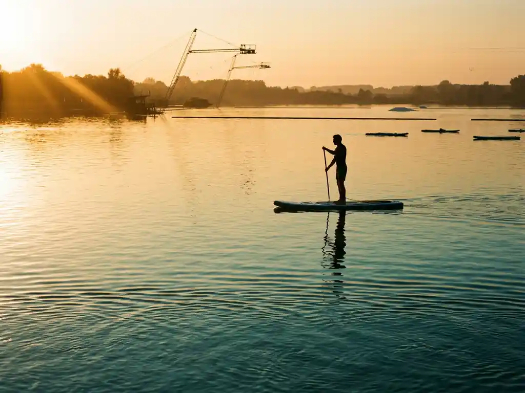 Stand-up paddleboarder op kalm turquoise water bij gouden uur, met spiegelende reflectie en Vossemeren waterskikabel op de achtergrond
