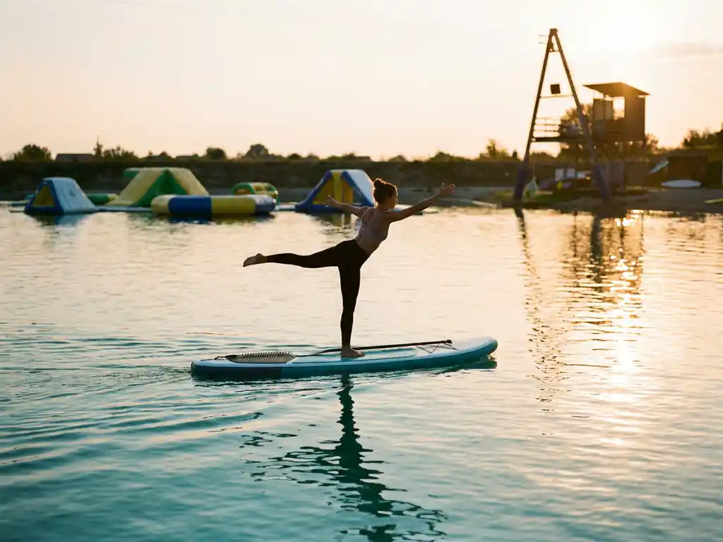 Paddleboarder in yogahouding op kalm turquoise meer met opblaasbare obstakels en kabeltoren bij zonsondergang