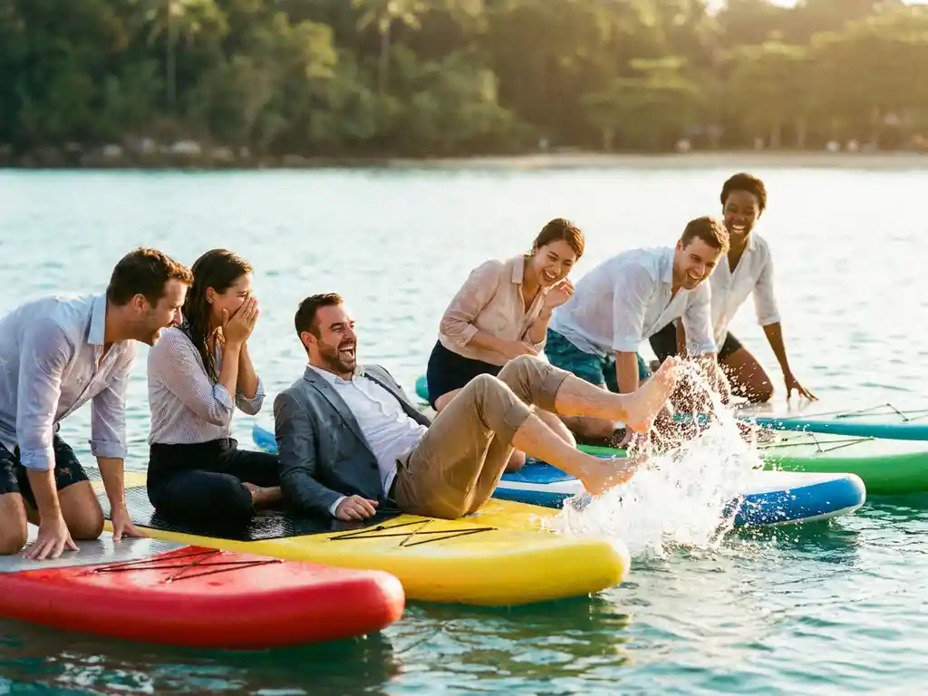 Collega's lachen en vallen van gekleurde paddleboards in turquoise water tijdens teambuilding activiteit