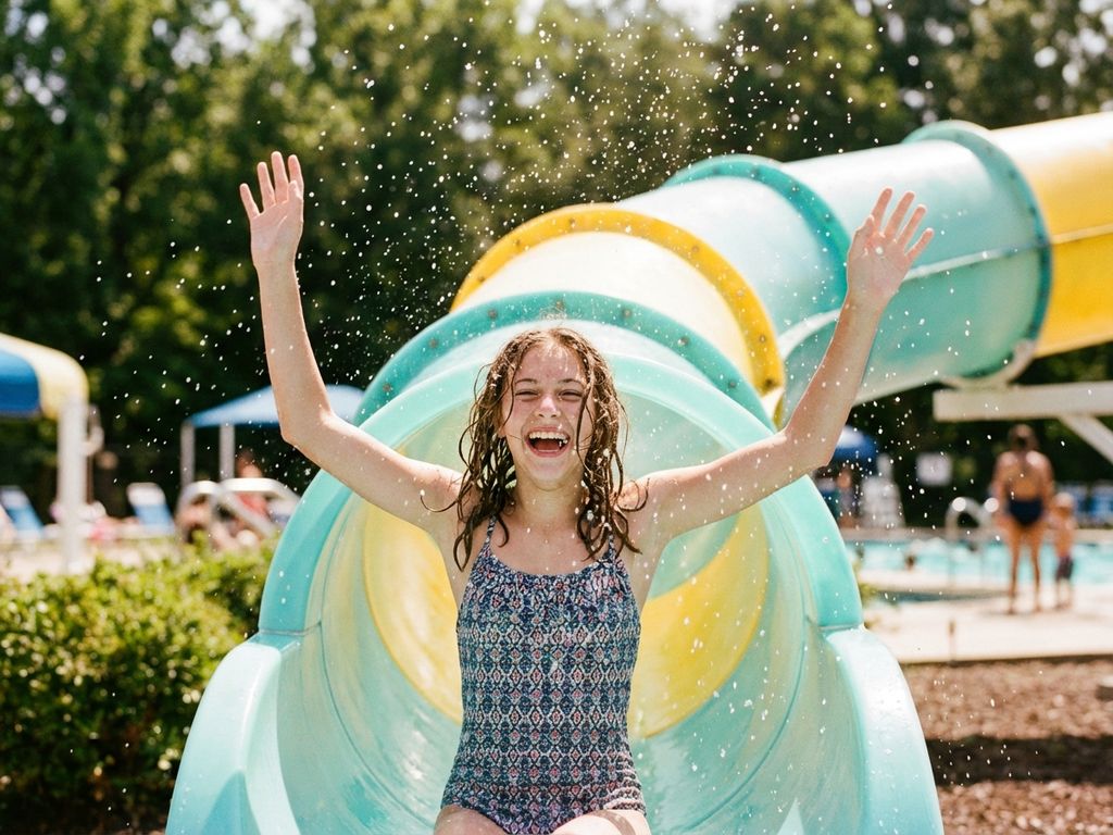 Tienermeisje met opgeheven armen glijdt juichend door kleurrijke waterglijbaan in zomers zonlicht