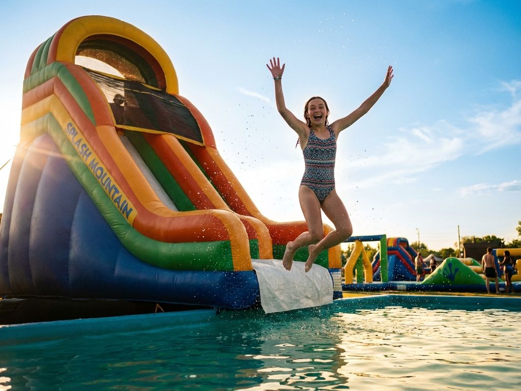 Tienermeisje springt juichend van opblaasbare glijbaan naar turquoise zwembad op zonnige dag